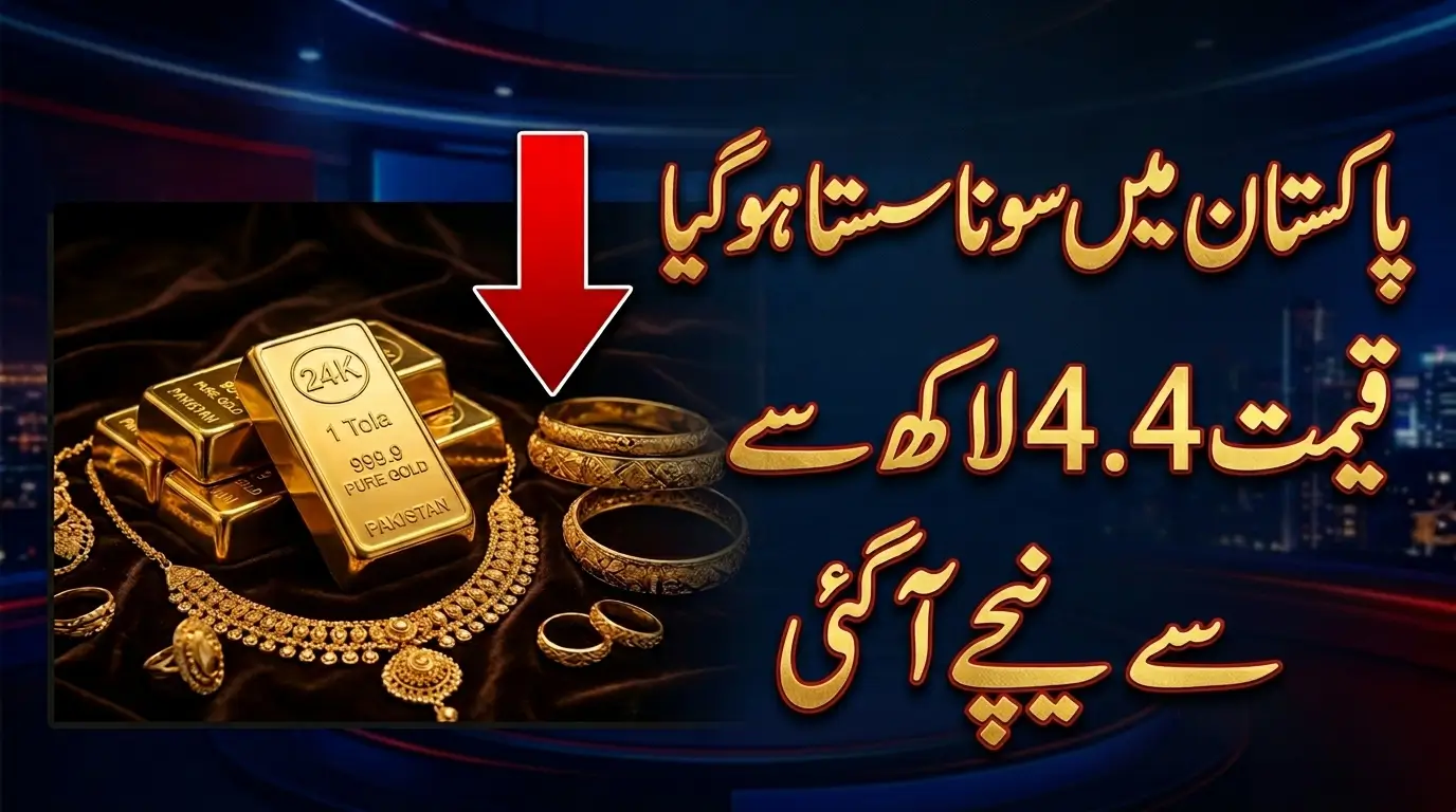 Gold bars and jewelry representing the latest gold rate drop below Rs. 4.4 lakh per tola in Pakistan due to declining international gold prices.